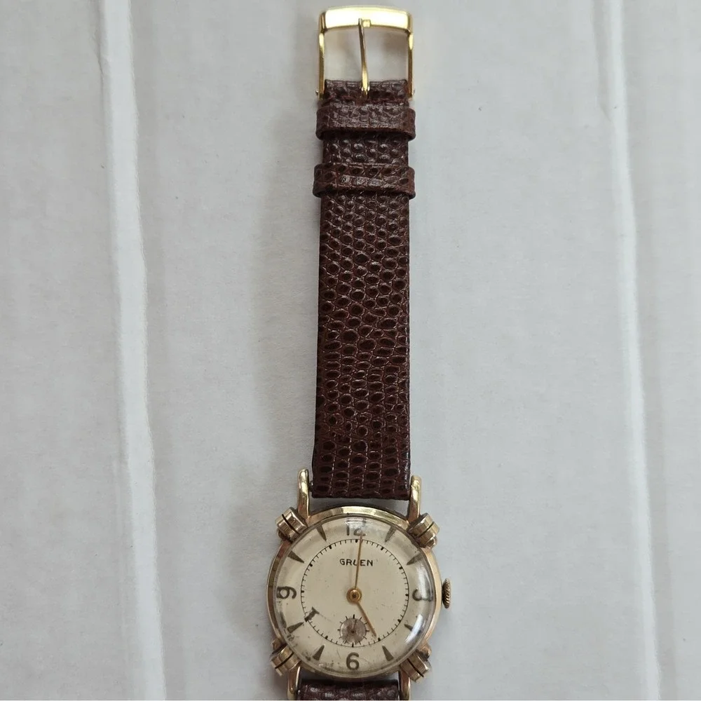 Gruen Knotted Fancy Lugs Mens Watch. 10K Rolled Gold,Manual Wind, Subdial.